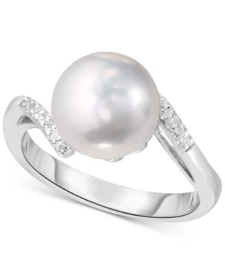 Macy's - Cultured Freshwater Pearl (10 mm) & Lab-Created White Sapphire (1/3 ct. t.w.) Ring in Sterling Silver