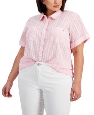 Tommy Hilfiger - Plus Size Cotton Crinkled Striped Camp Shirt