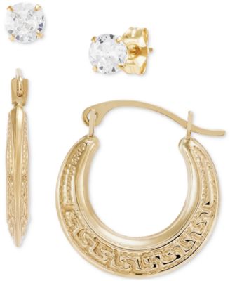 Macy's - 2-Pc. Set Cubic Zirconia Stud & Textured Greek Key Hoop Earrings in 10k Gold