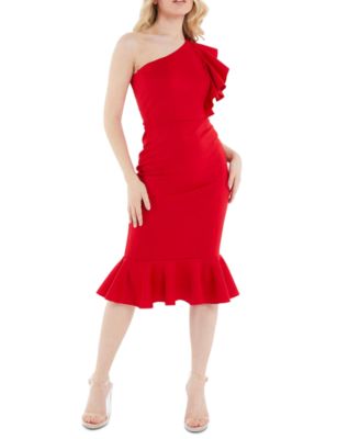 QUIZ - Juniors' One-Shoulder Ruffle-Trim Midi Dress