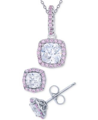 Macy's - White & Pink Cubic Zirconia Square Halo Pendant Necklace & Stud Earrings Set in Rhodium-Plated Sterling Silver