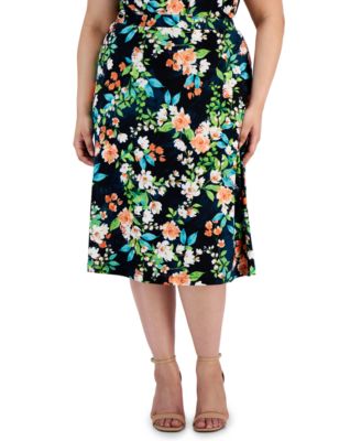 Kasper - Plus Size Floral-Print Pull-On Midi Skirt