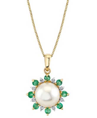Macy's - Cultured Freshwater Pearl (9mm), Emerald (1/2 ct. t.w.) & Diamond Accent 18" Pendant Necklace in 14k Gold