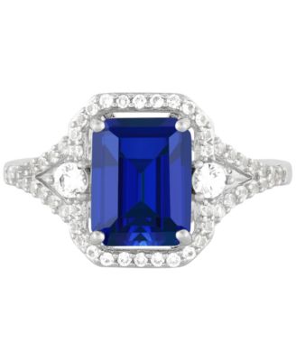 Macy's - Lab-Grown Sapphire (3 ct. t.w.) and White Sapphire (3/8 ct. t.w.) Ring in Sterling Silver