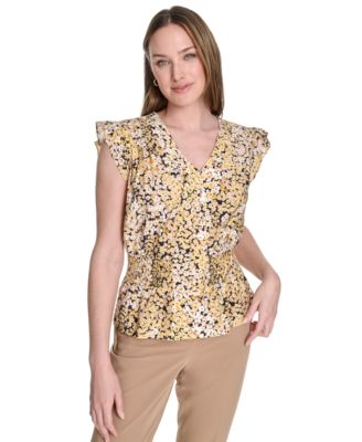 Tommy Hilfiger - Women's Floral Smocked-Waist Ruffle-Sleeve Top