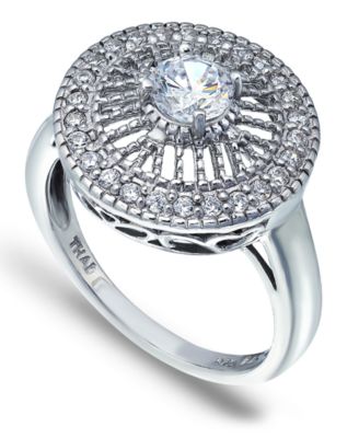 Macy's - Cubic Zirconia Medallion Ring with Round Prong Center Stone in Fine Silver Plate