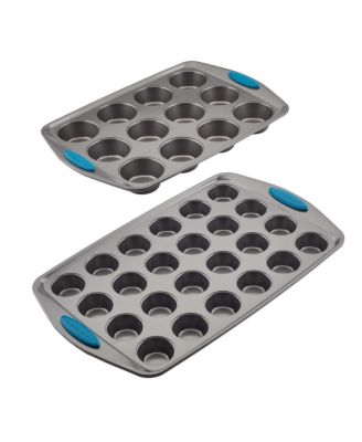 Rachael Ray - Yum-o! Nonstick Bakeware Mini Muffin and Cupcake Pan Set, 2-Pc., Gray with Marine Blue Handles