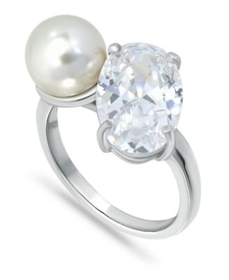 Macy's - Cubic Zirconia and Imitation Pearl two stone Ring Crafted in Fine Silver Plate