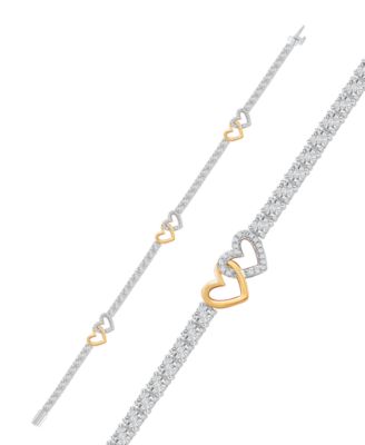 Macy's - Diamond Interlocking Heart Tennis Bracelet (1/2 ct. t.w.) in Sterling Silver & 14k Gold-Plate