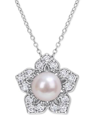 Macy's - Cultured Freshwater Pearl (8-1/2mm) & Lab-Created White Sapphire (1-1/3 ct. t.w.) Flower 18" Pendant Necklace in Sterling Silver