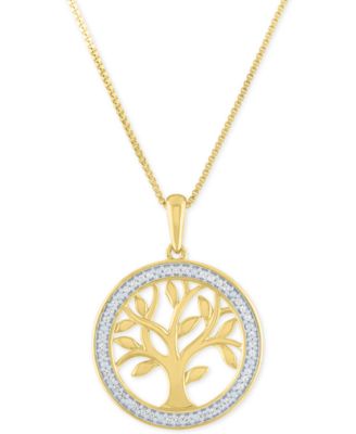 Macy's - Diamond Tree 18" Pendant Necklace (1/10 ct. t.w.) in 14k Gold-Plated Sterling Silver