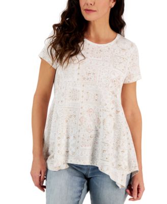 Style & Co - Women's Printed Handkerchief-Hem T-Shirt